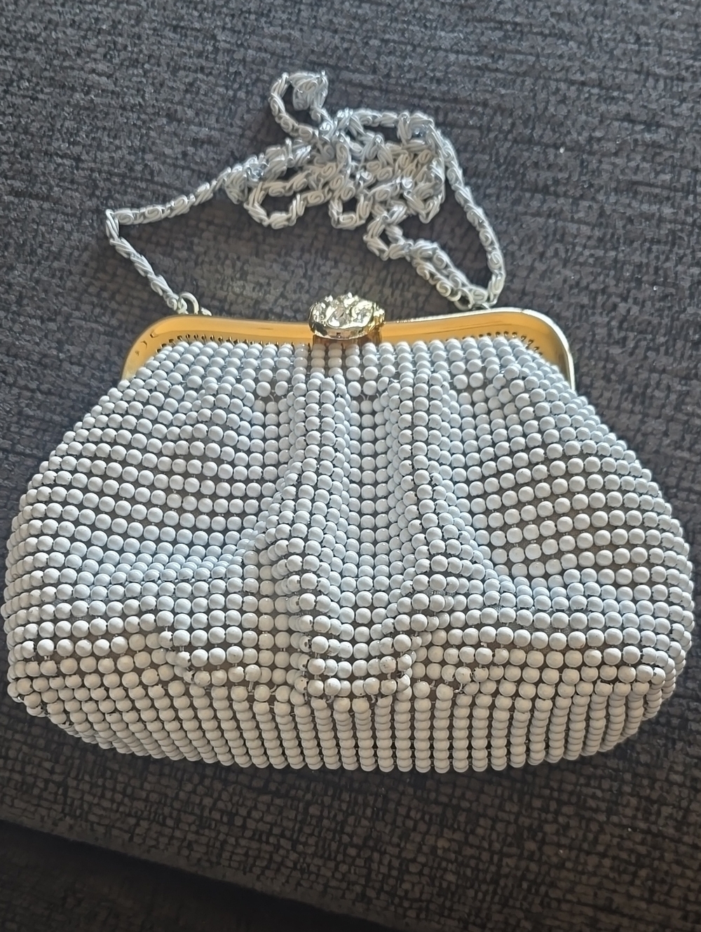 White Beaded Evening Clutch with Gold Frame and White Chain Strap